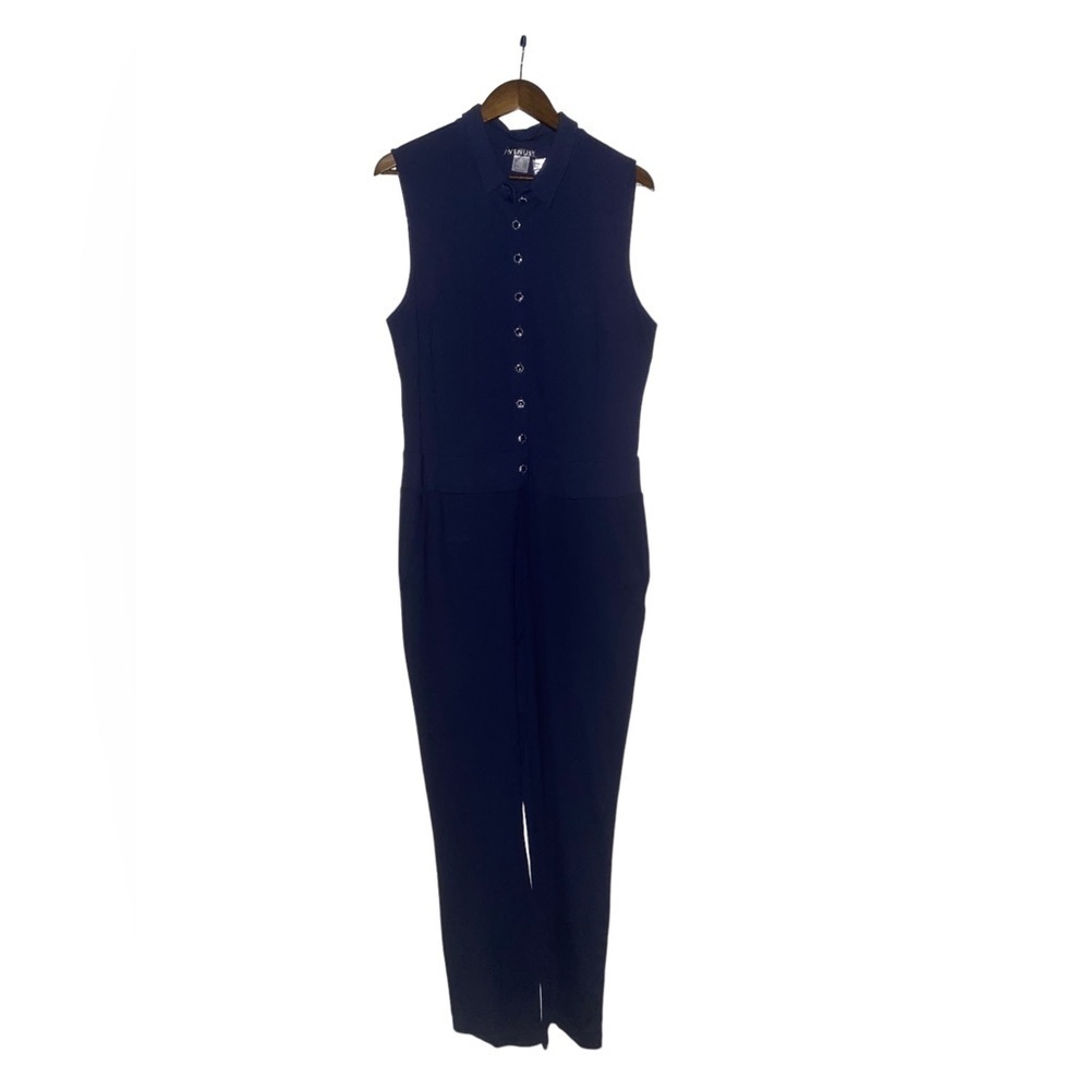 Venus Button Down Sleeveless Blue Women Jumpsuit with Detach Neck Scarf Size L‎